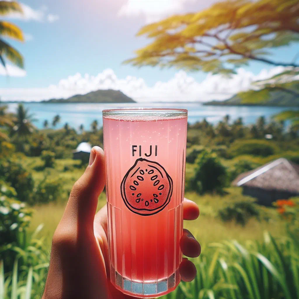 A tall glass of fresh Fijian guava juice with a slice of lime