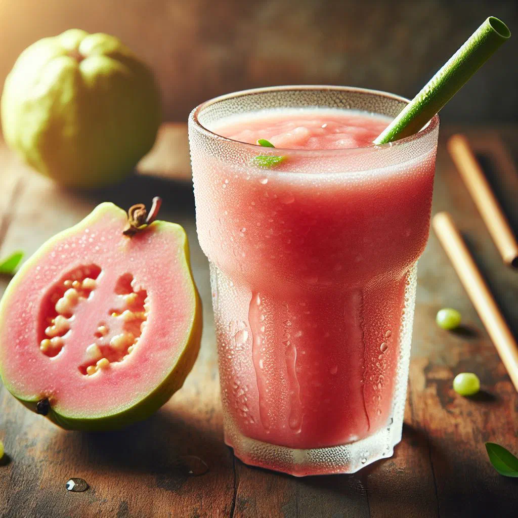 Pink guava smoothie in a glass garnished with fresh mint