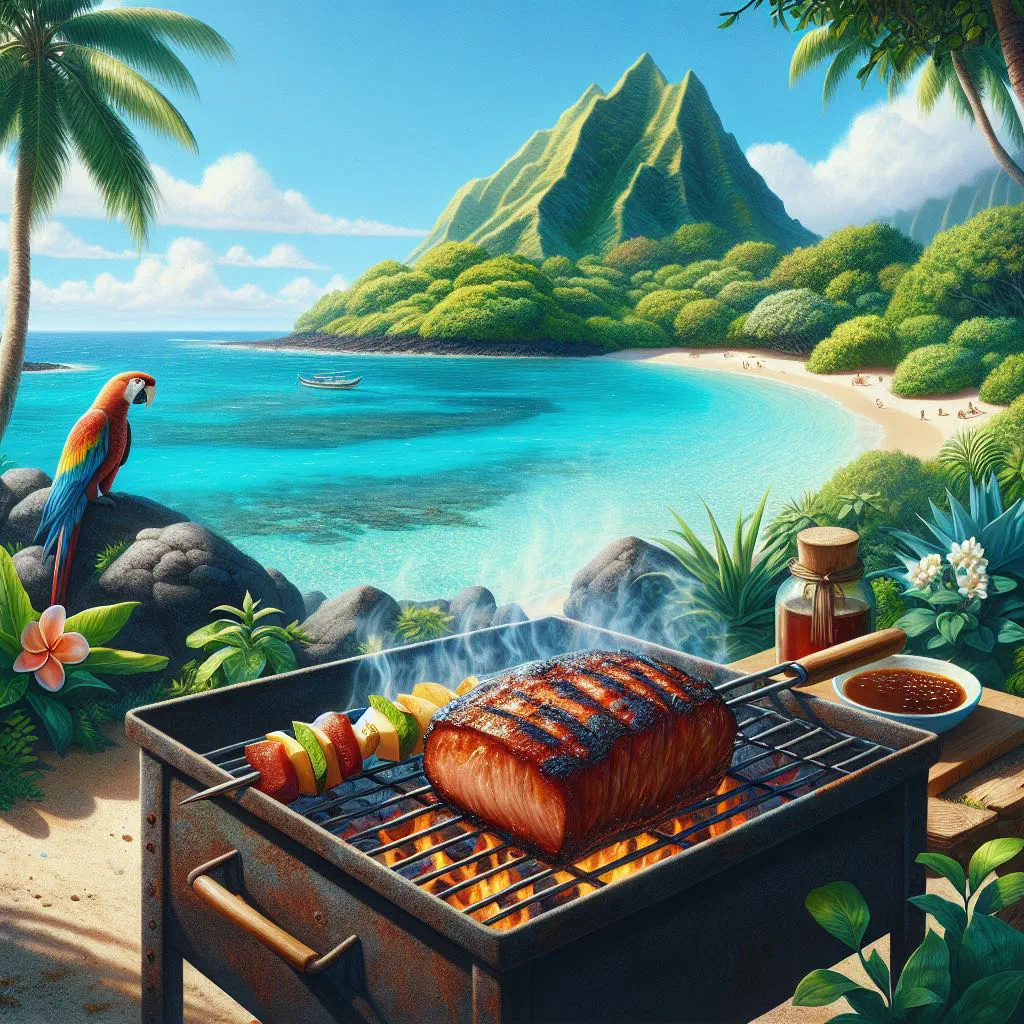 Grilled island-style BBQ pork garnished with fresh coriander and lime