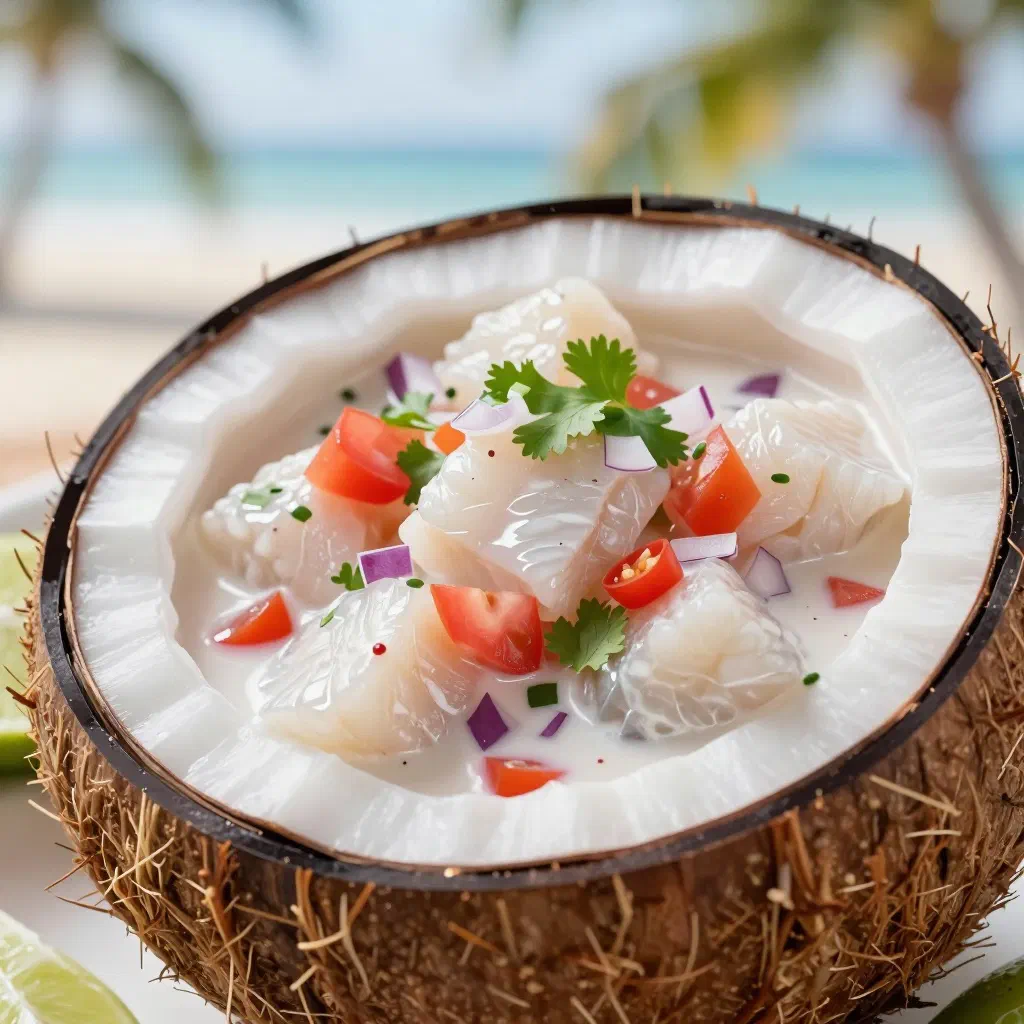 Kokoda — lime-cured fish in coconut milk with tomato, onion and cucumber