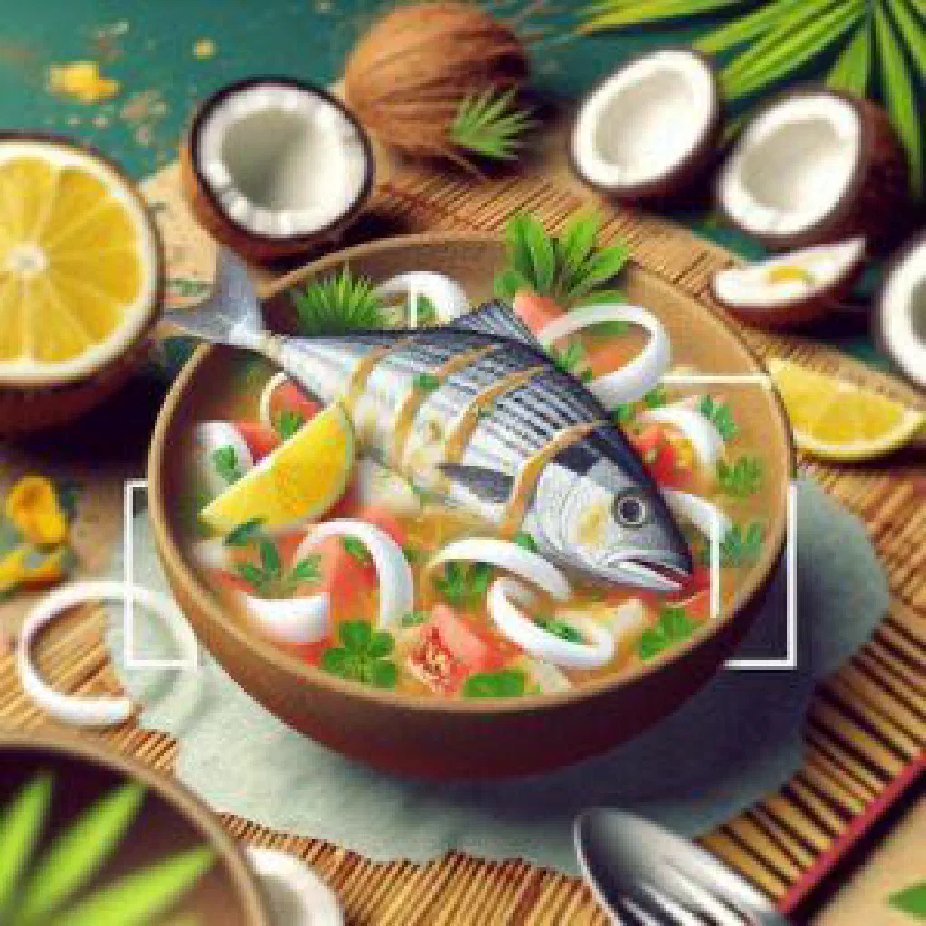 Kokoda — lime-cured fish in coconut milk with tomato, onion and cucumber