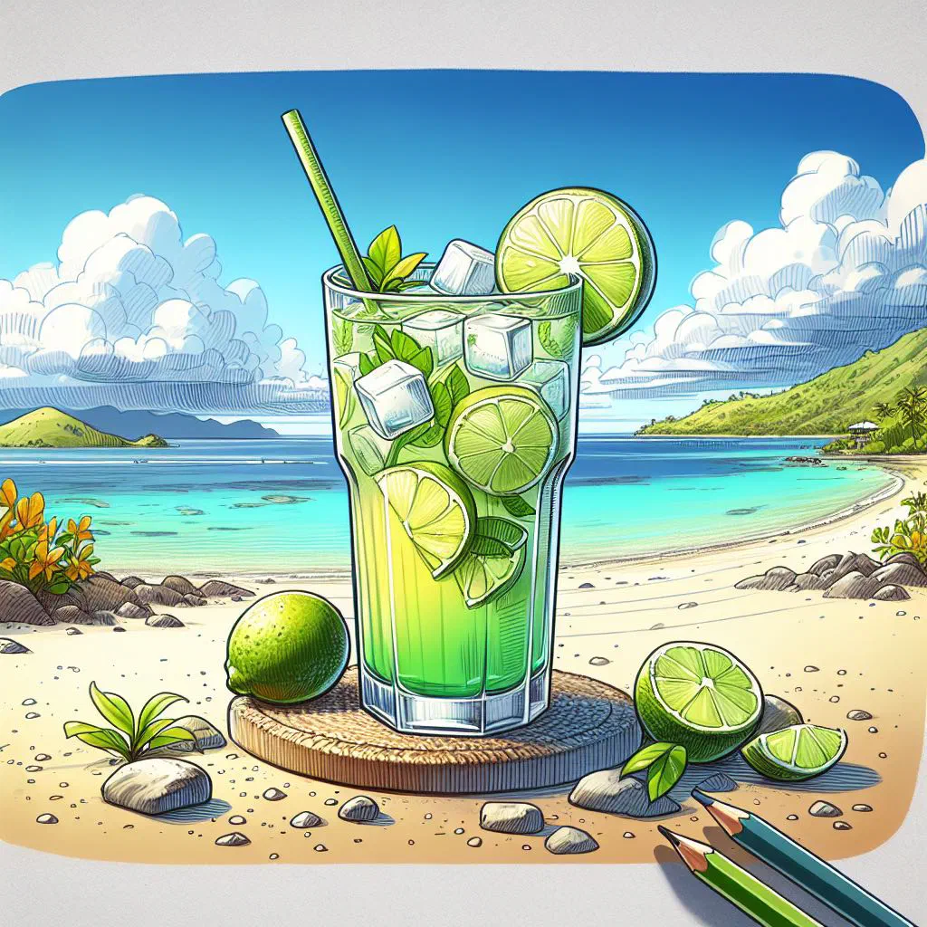 A tall glass of Fijian limeade with ice and a lime slice garnish