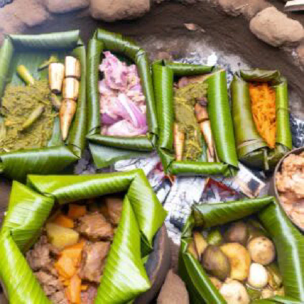 Lovo feast of fish and root vegetables wrapped in banana leaves