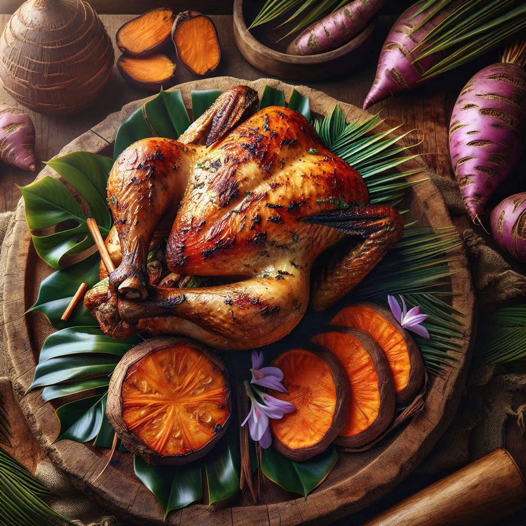Lovo roasted chicken wrapped in banana leaves, served with fresh herbs