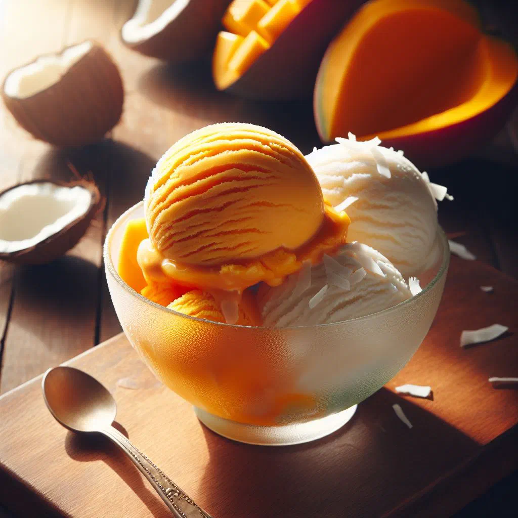 Scoops of creamy mango and coconut ice cream garnished with mint