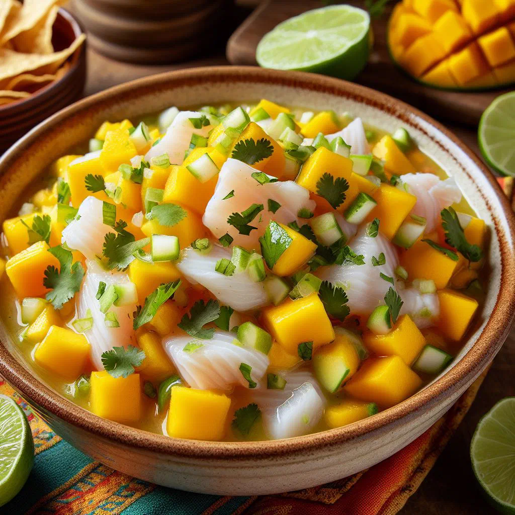 Mango and lime ceviche with diced fish, red onion and coriander