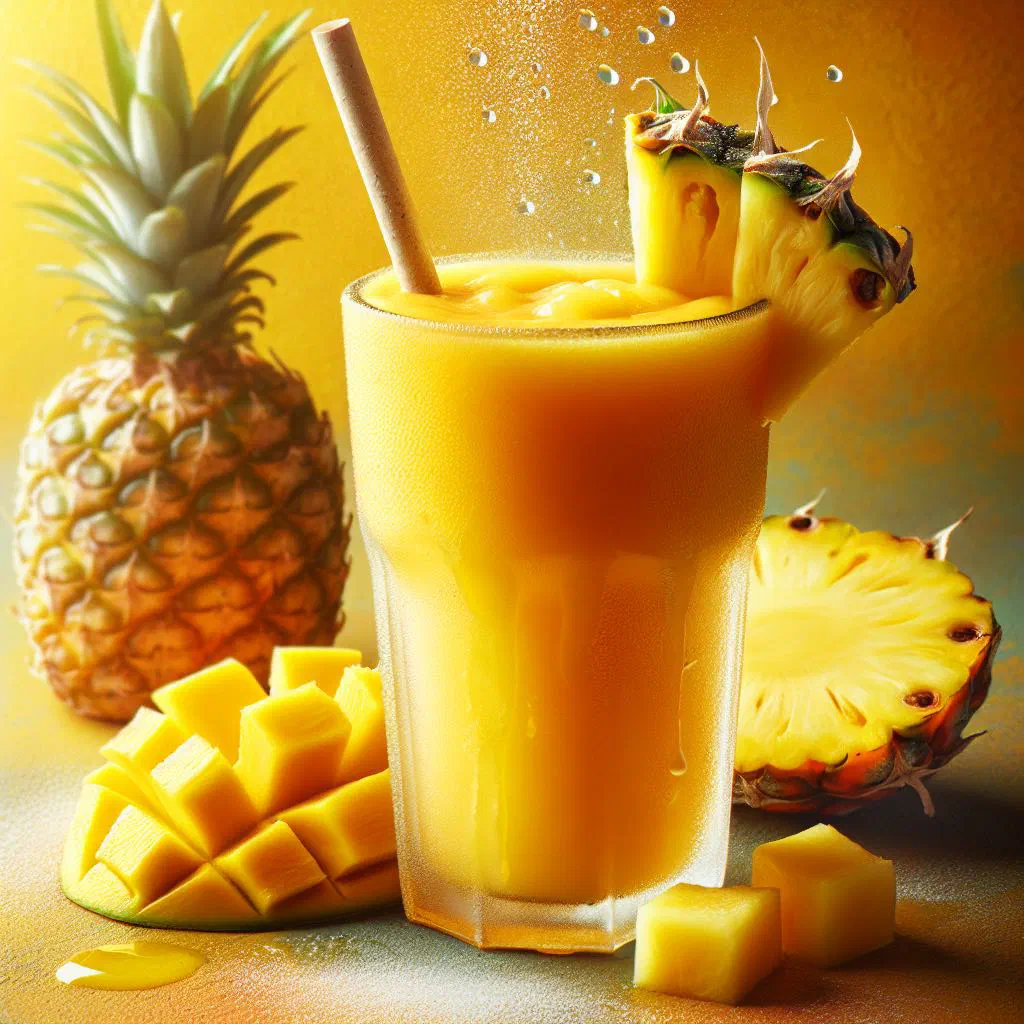 Mango and pineapple smoothie in a tall glass garnished with fresh fruit