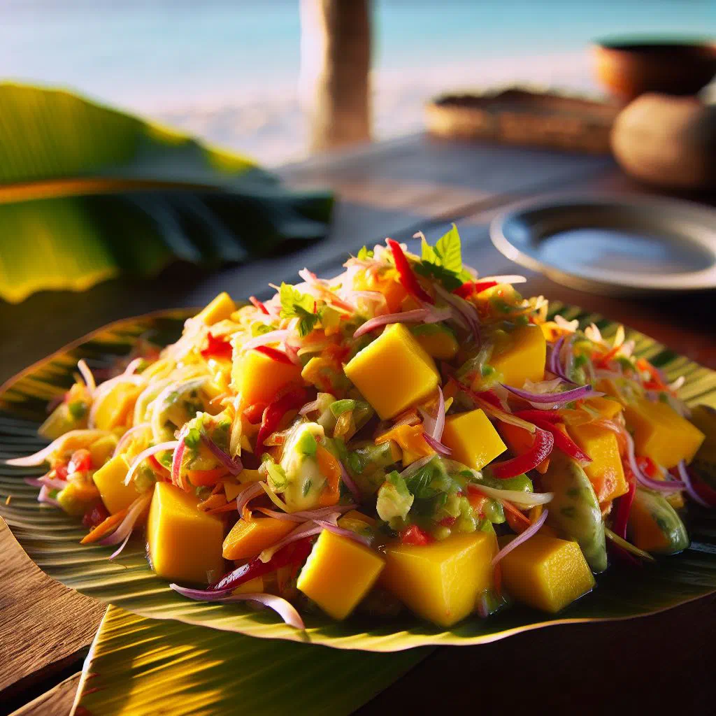 Fijian mango salad with diced mango, peppers, red onion and fresh coriander