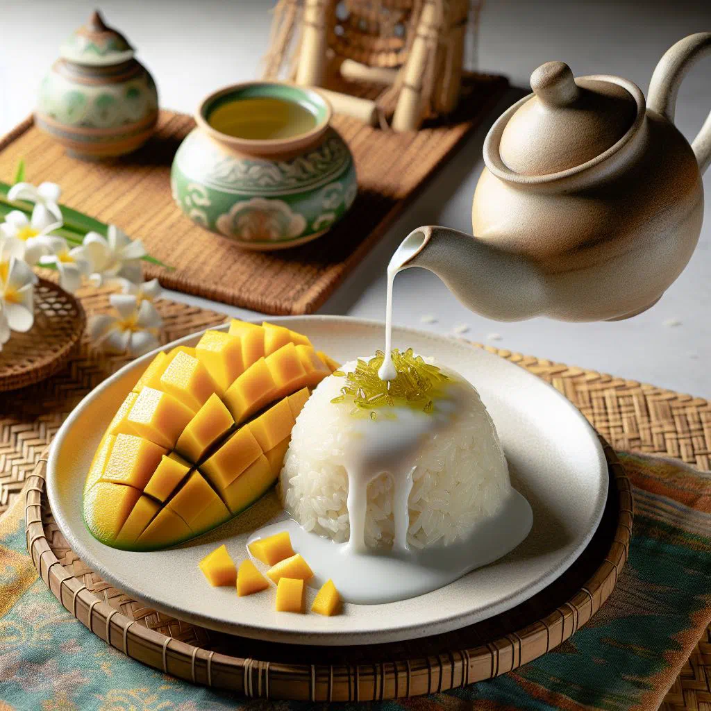 Mango sticky rice with fresh mango slices and coconut sauce, garnished with mint