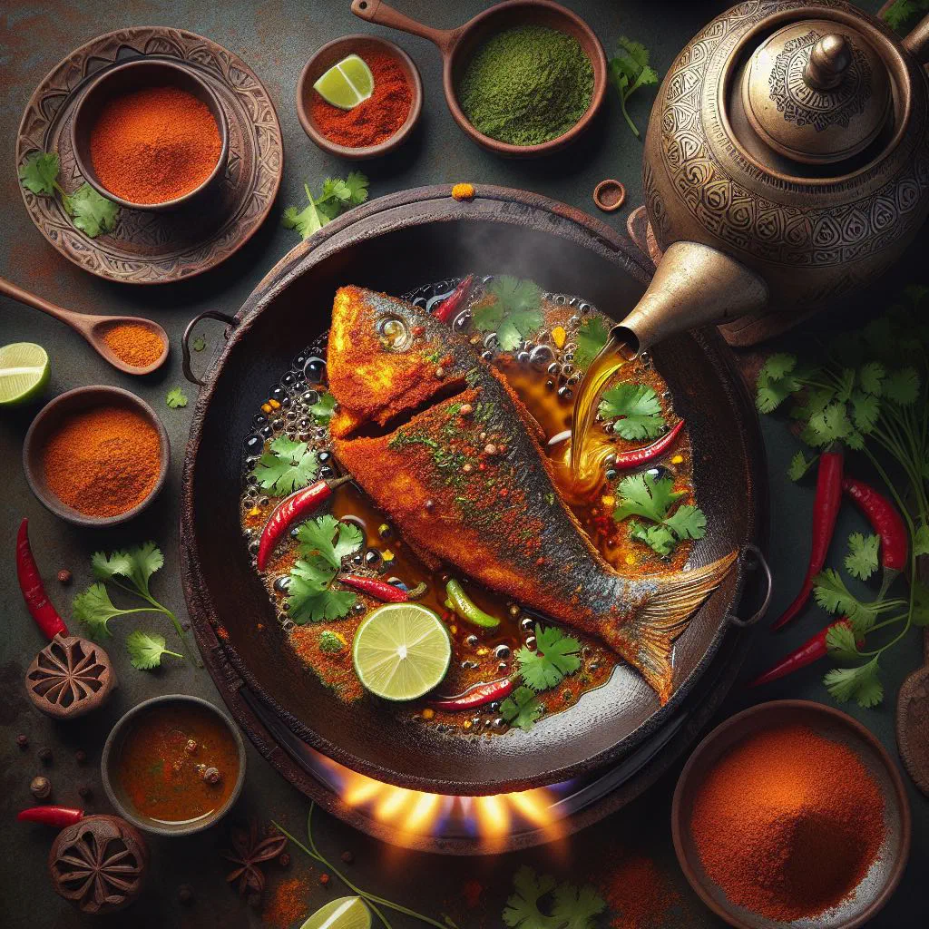 Golden masala-fried fish fillets garnished with fresh coriander and lemon