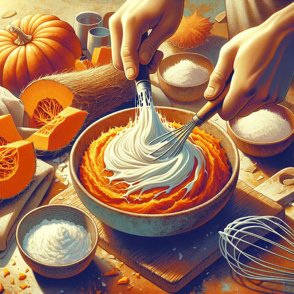 Bowl of mashed pumpkin with coconut cream garnished with fresh herbs