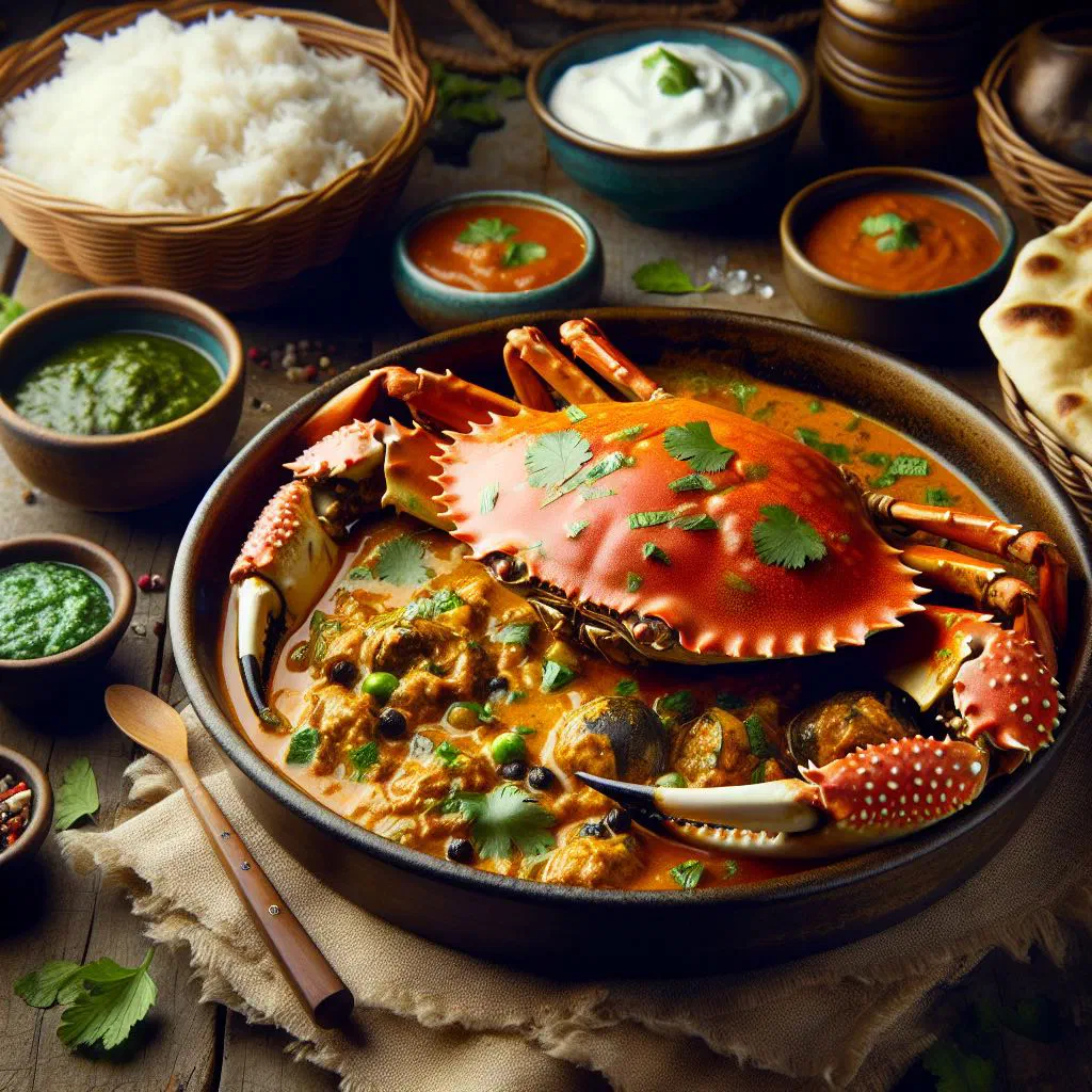 Fijian mud crab curry in a rich coconut sauce garnished with fresh coriander