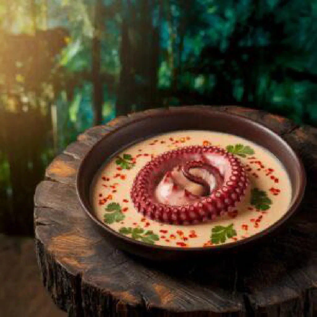 Tender octopus simmered in creamy coconut milk, garnished with fresh coriander