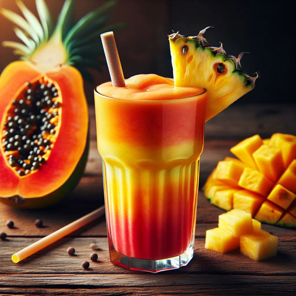 Papaya and pineapple smoothie in a tall glass garnished with mint