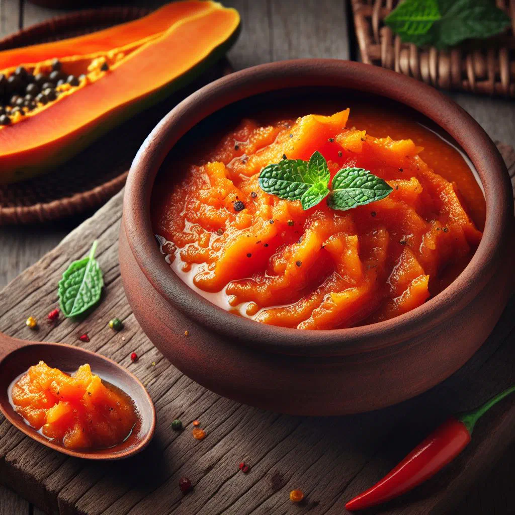 Bowl of fresh papaya chutney with lime and chilli
