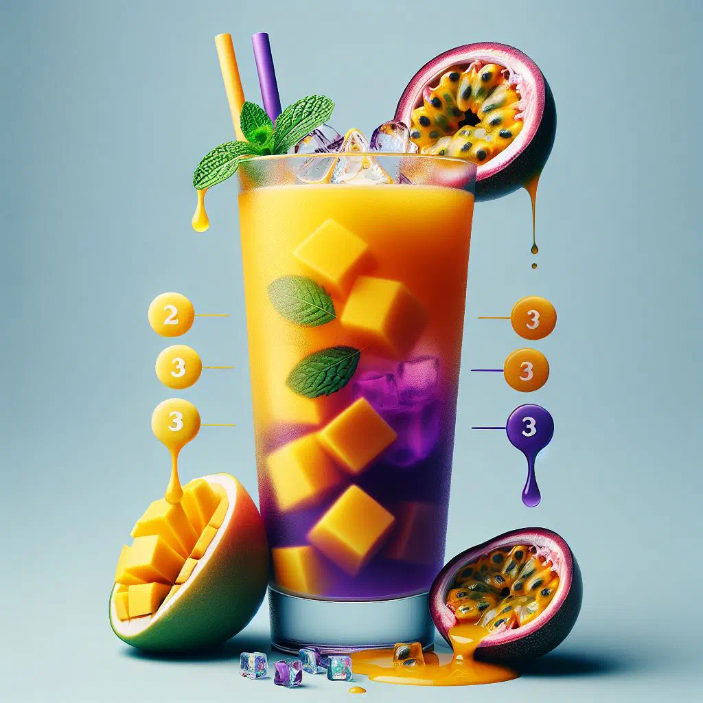 Glass of passionfruit and mango cooler with ice and fresh mint