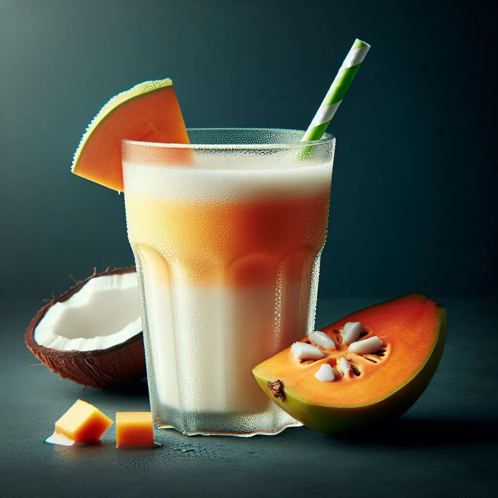 Creamy pawpaw and coconut smoothie in a glass with fresh papaya