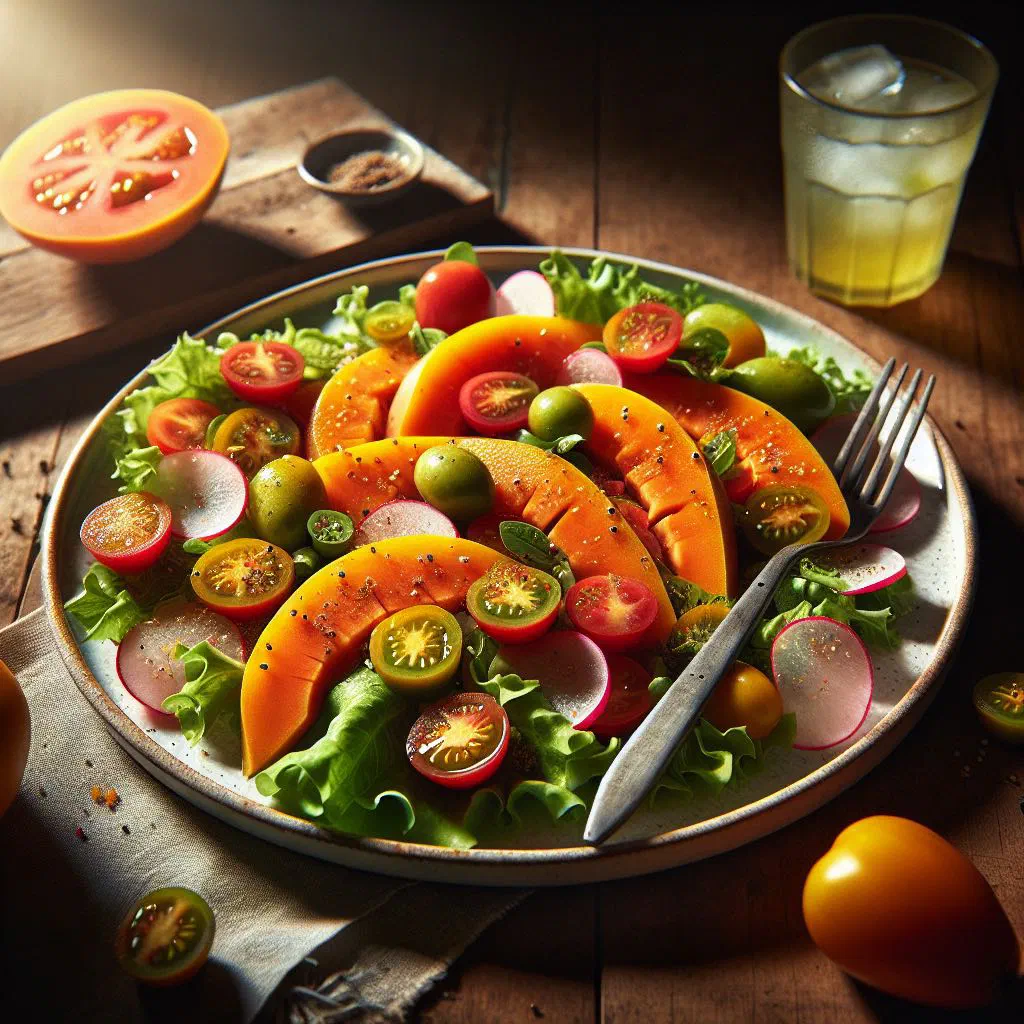 Fresh pawpaw salad with diced papaya, herbs and lime