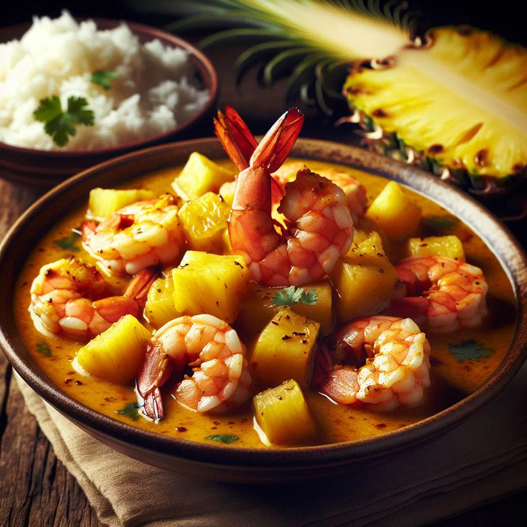Pineapple and shrimp curry in coconut sauce garnished with fresh coriander