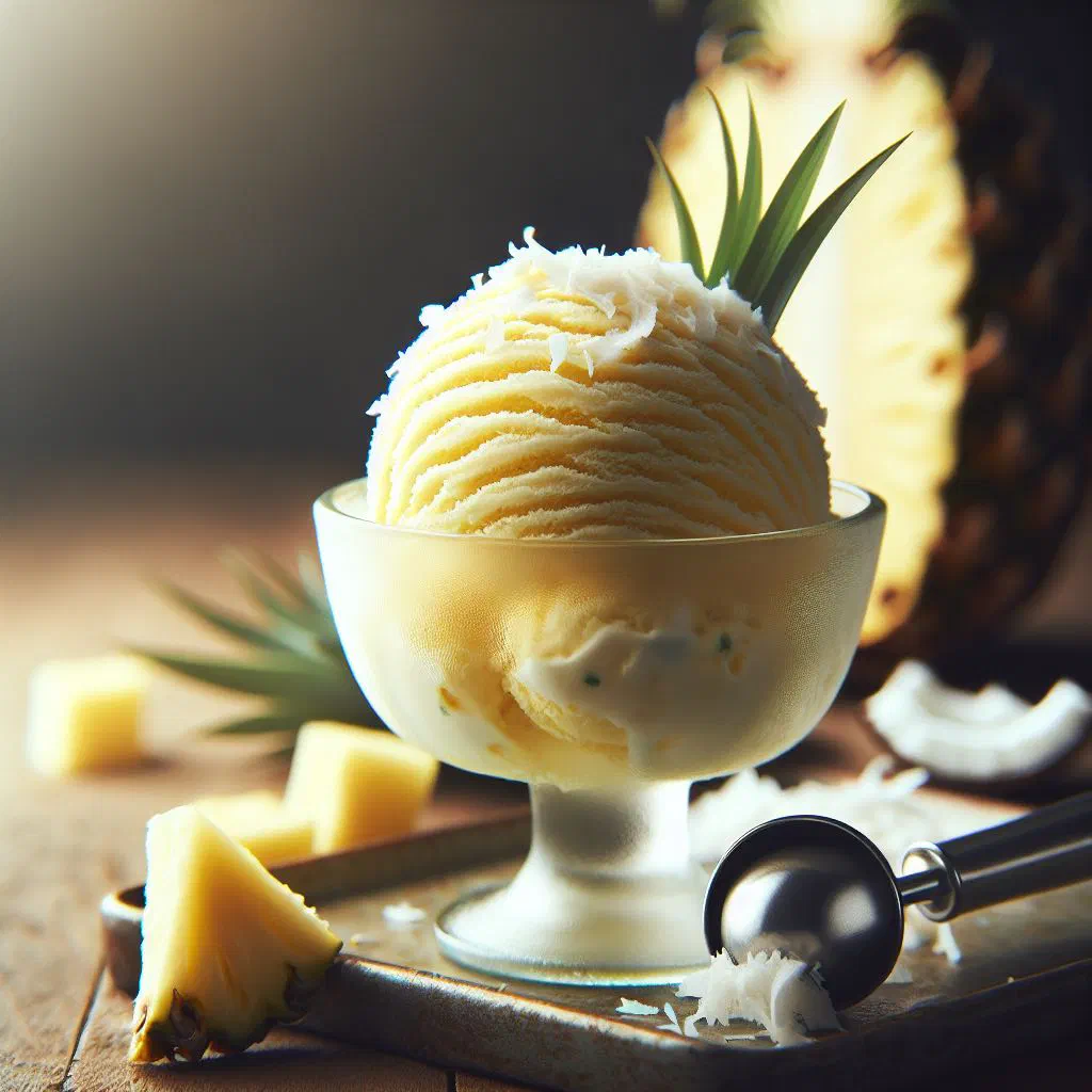 Scoops of creamy pineapple coconut ice cream served in a bowl