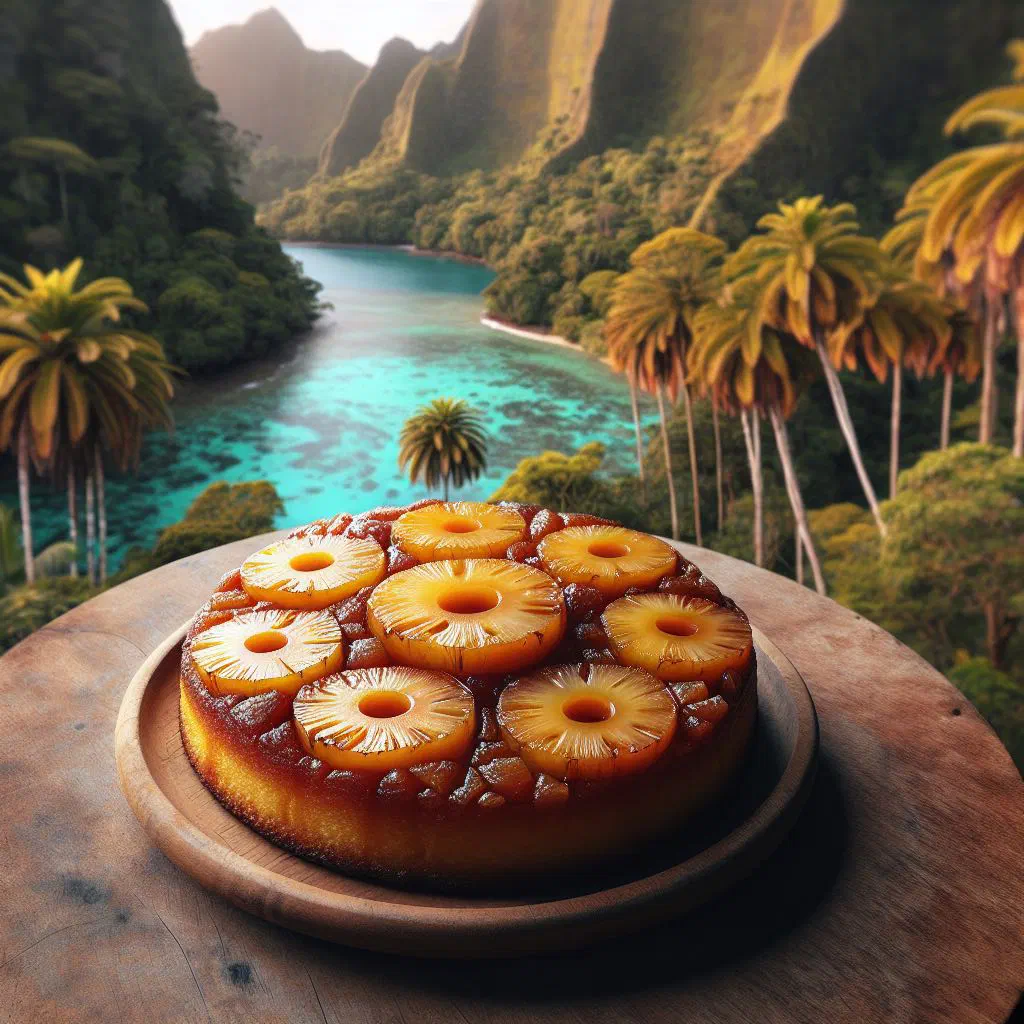 Golden pineapple upside-down cake with caramelised fruit on top
