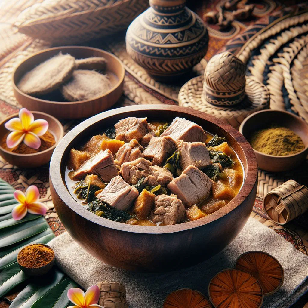 Fijian pork stew with vegetables in creamy coconut sauce, garnished with fresh coriander