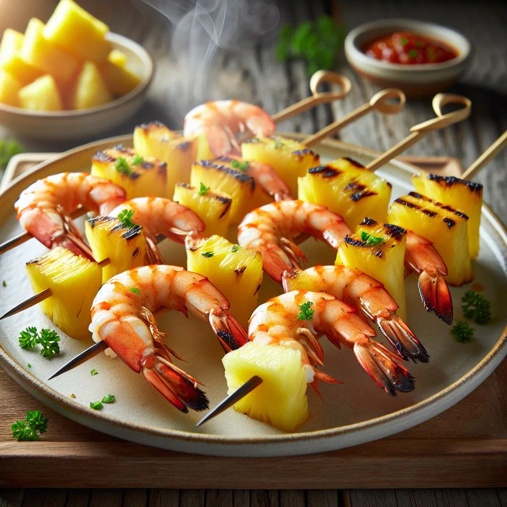 Grilled prawn and pineapple skewers caramelised on a wooden board