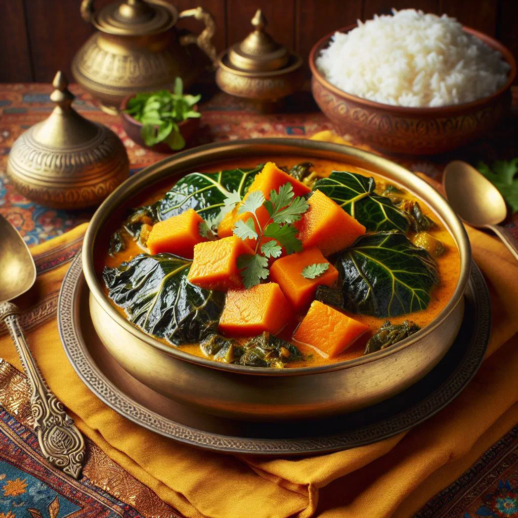 Creamy pumpkin and taro leaf curry in coconut milk, garnished with fresh coriander