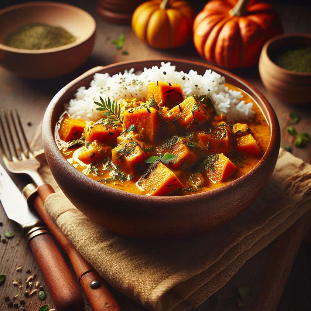Creamy Fijian pumpkin curry in coconut milk garnished with fresh coriander