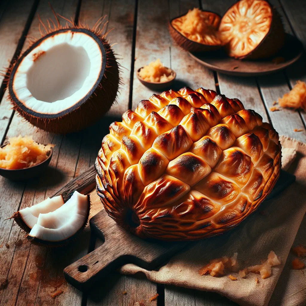 Golden roasted breadfruit slices drizzled with coconut milk and fresh herbs