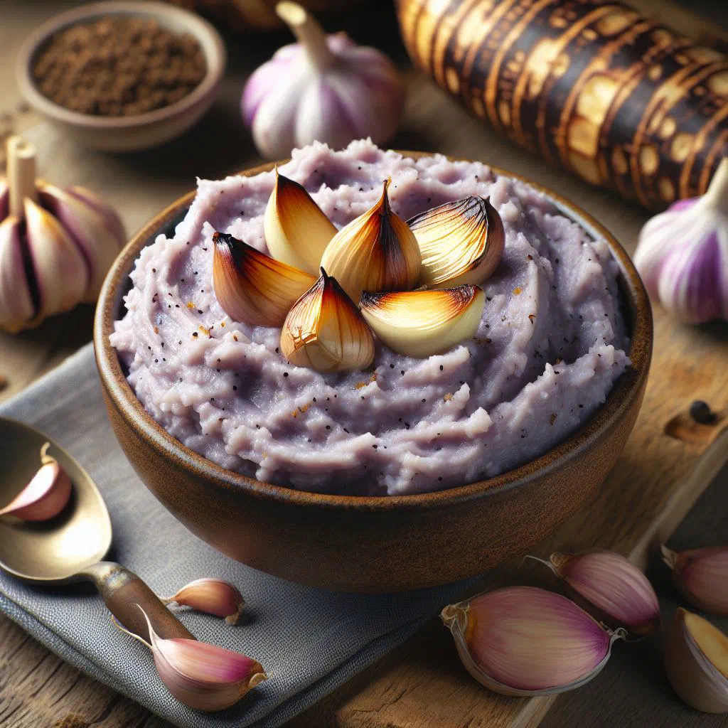 Creamy taro mash with roasted garlic in a bowl, garnished with fresh herbs