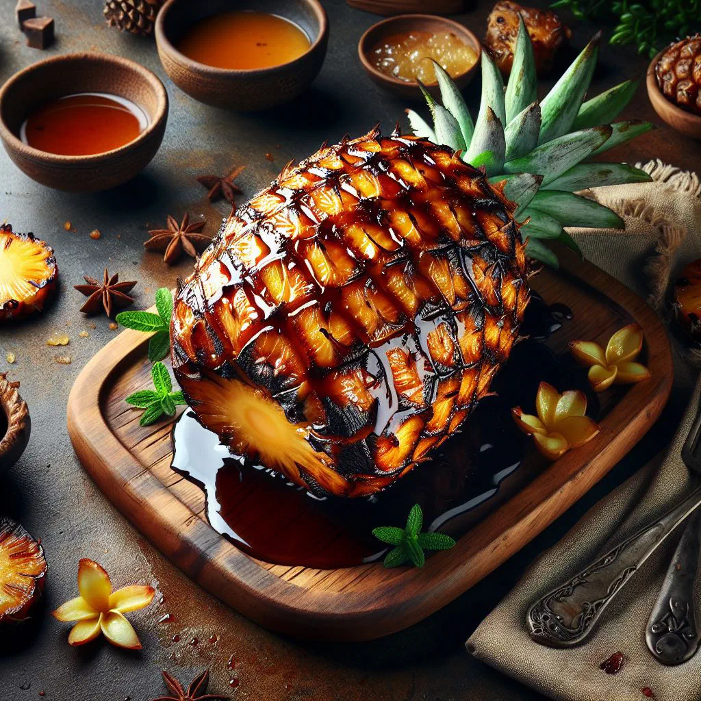 Caramelised pineapple slices glazed with honey and garnished with fresh mint