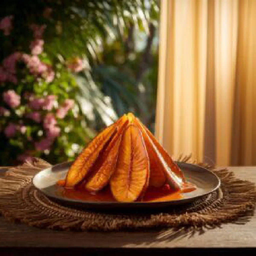 Golden roasted plantain slices glazed with honey on a serving plate