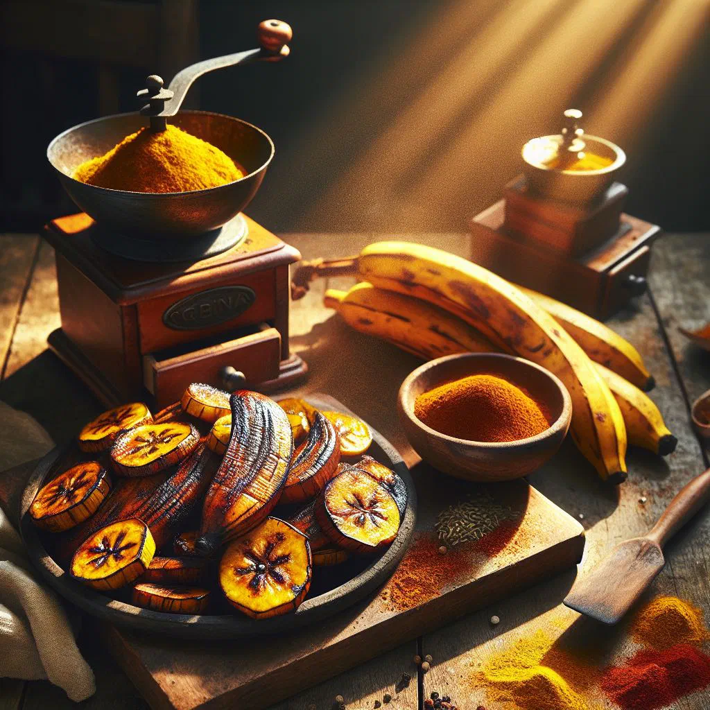 Golden roasted plantain pieces dusted with spices on a plate