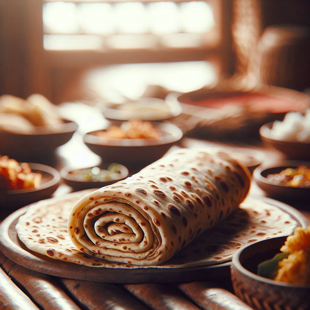 Stack of golden Fijian roti flatbreads served warm