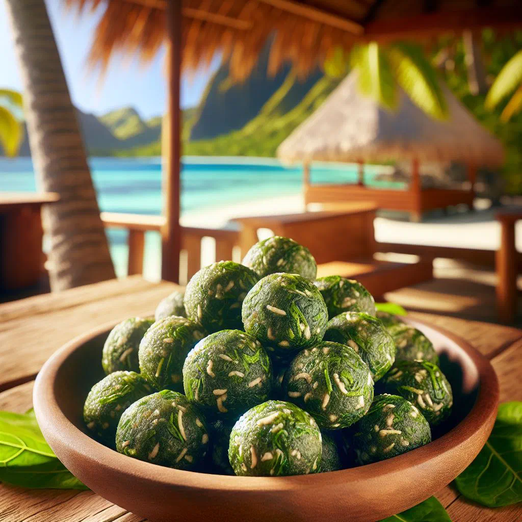 Golden fried rourou balls made with taro leaves on a plate