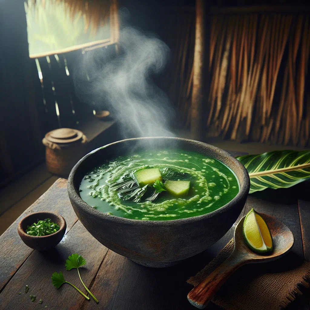 A bowl of creamy Fijian rourou soup made with taro leaves and coconut milk