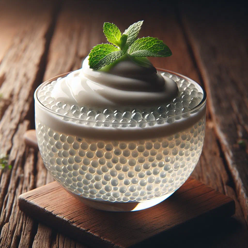 Creamy sago pudding topped with coconut cream and fresh fruit