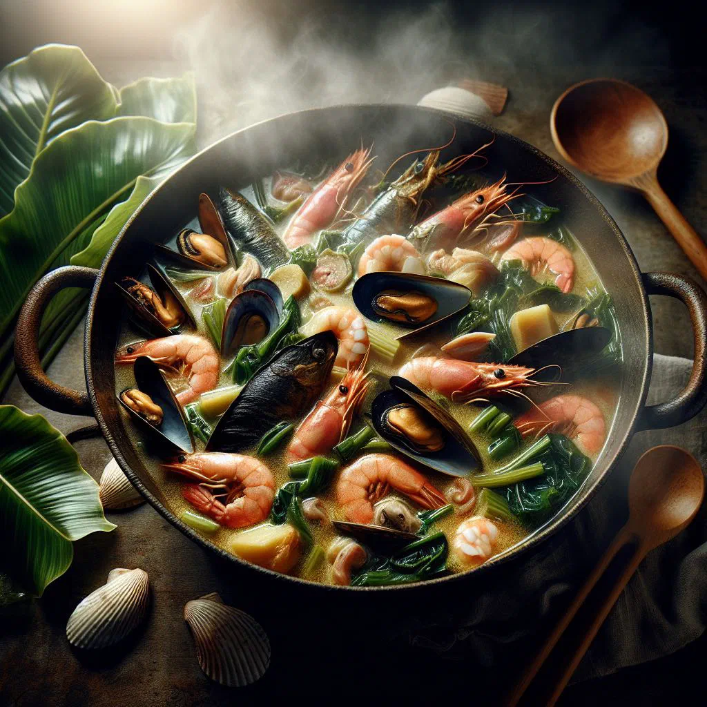Seafood and taro leaf stew in a creamy coconut broth