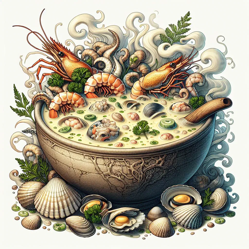 Creamy Fijian seafood chowder in a bowl garnished with fresh coriander