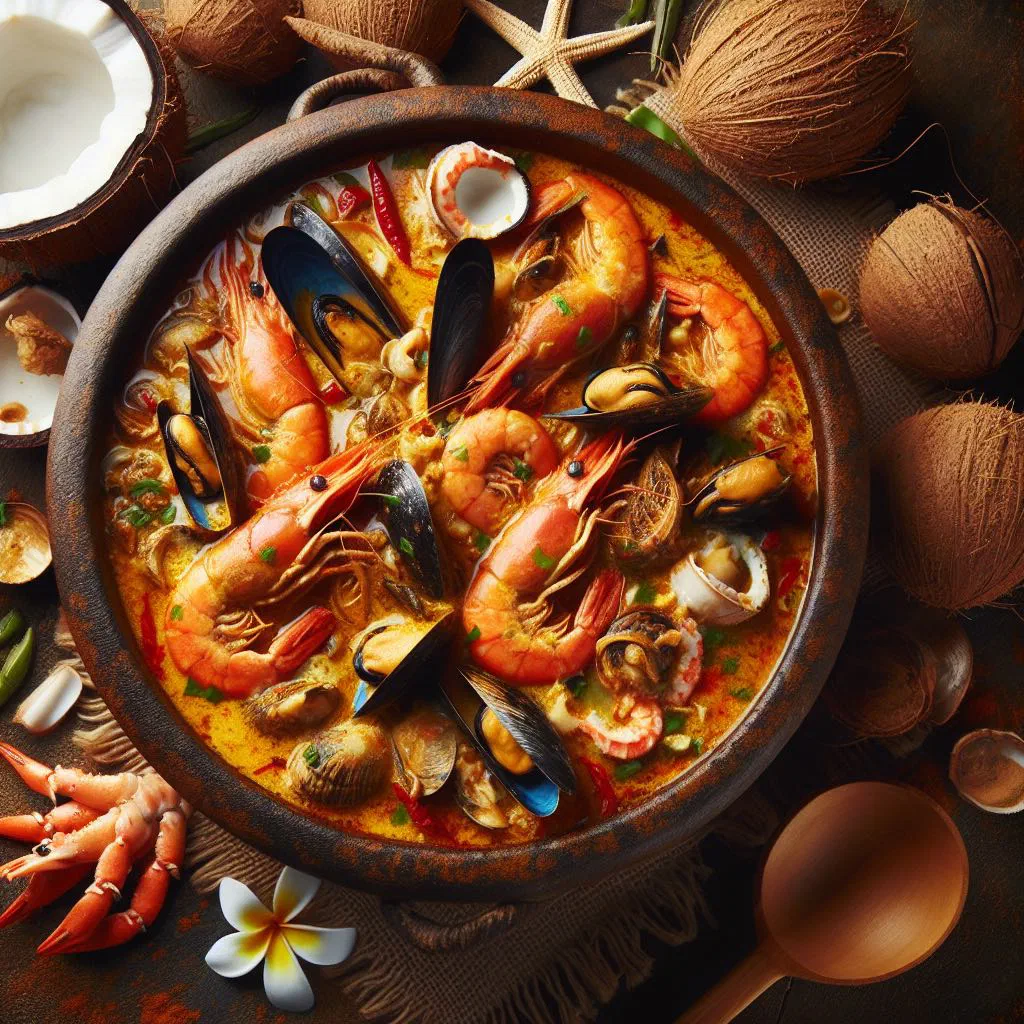 Fijian seafood coconut stew with fish and prawns in a creamy coconut broth