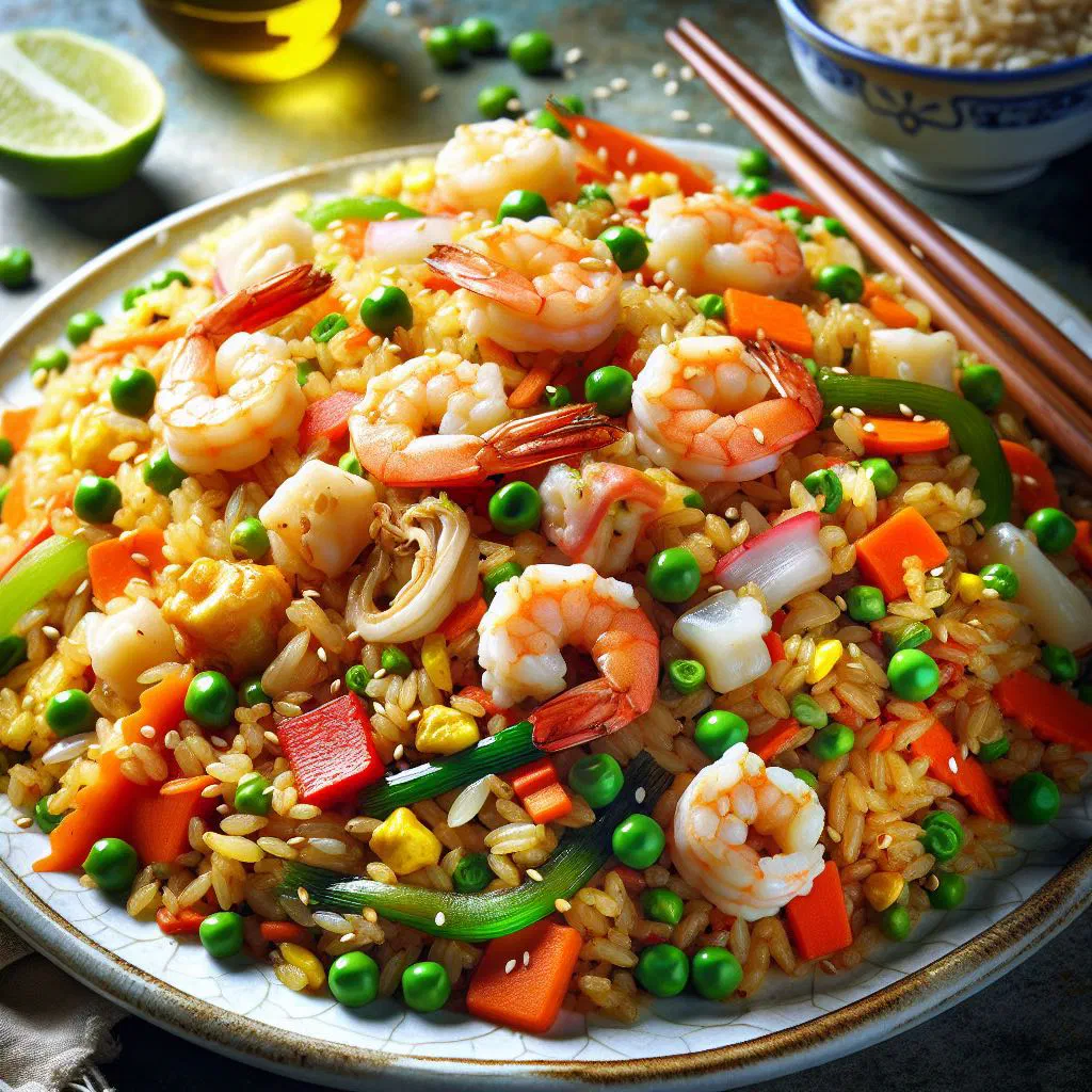 Seafood fried rice with prawns, vegetables and spring onions in a bowl