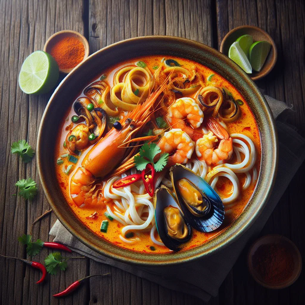 Bowl of seafood laksa with prawns, rice noodles and fresh coriander