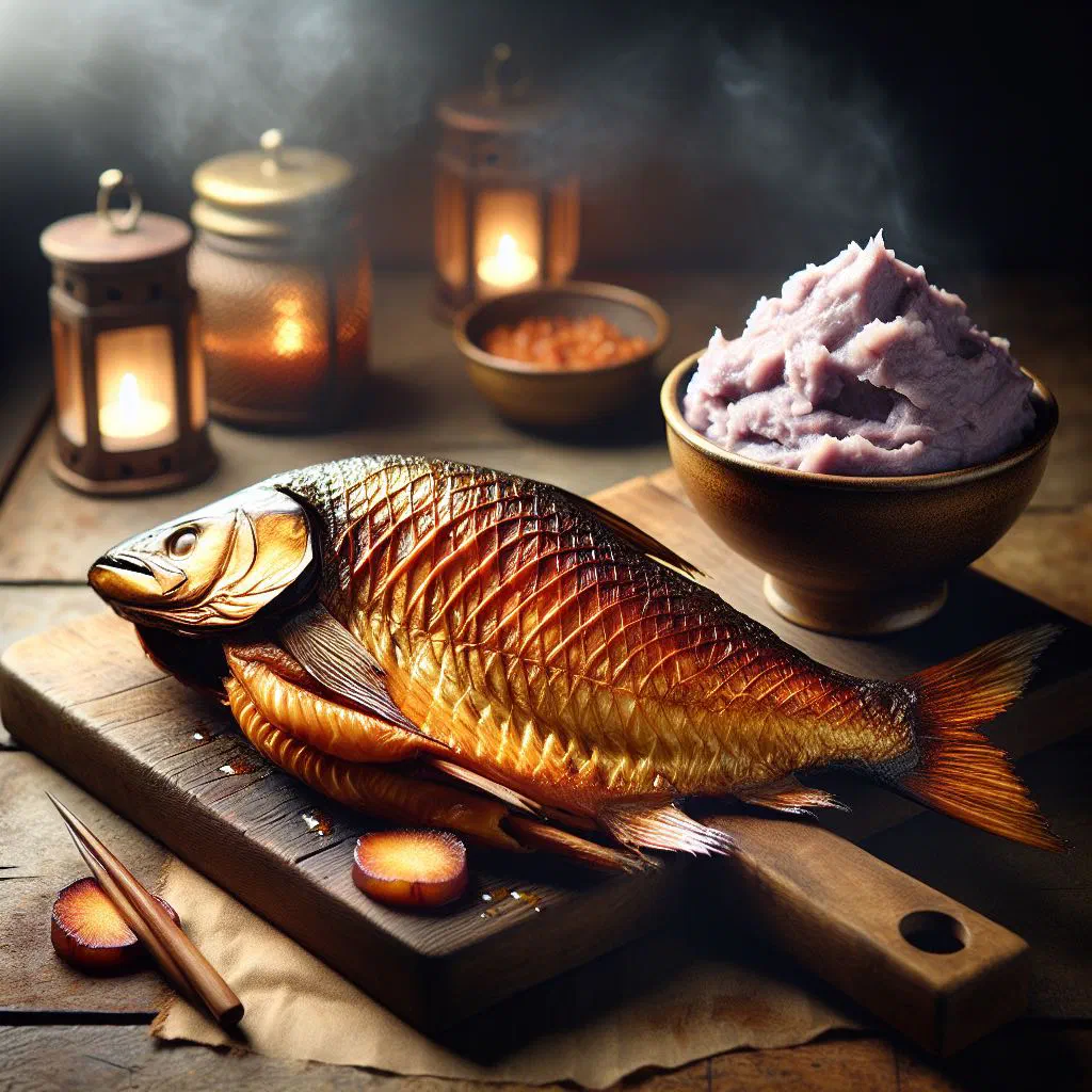 Creamy taro mash topped with flaked smoked fish, lime and fresh herbs