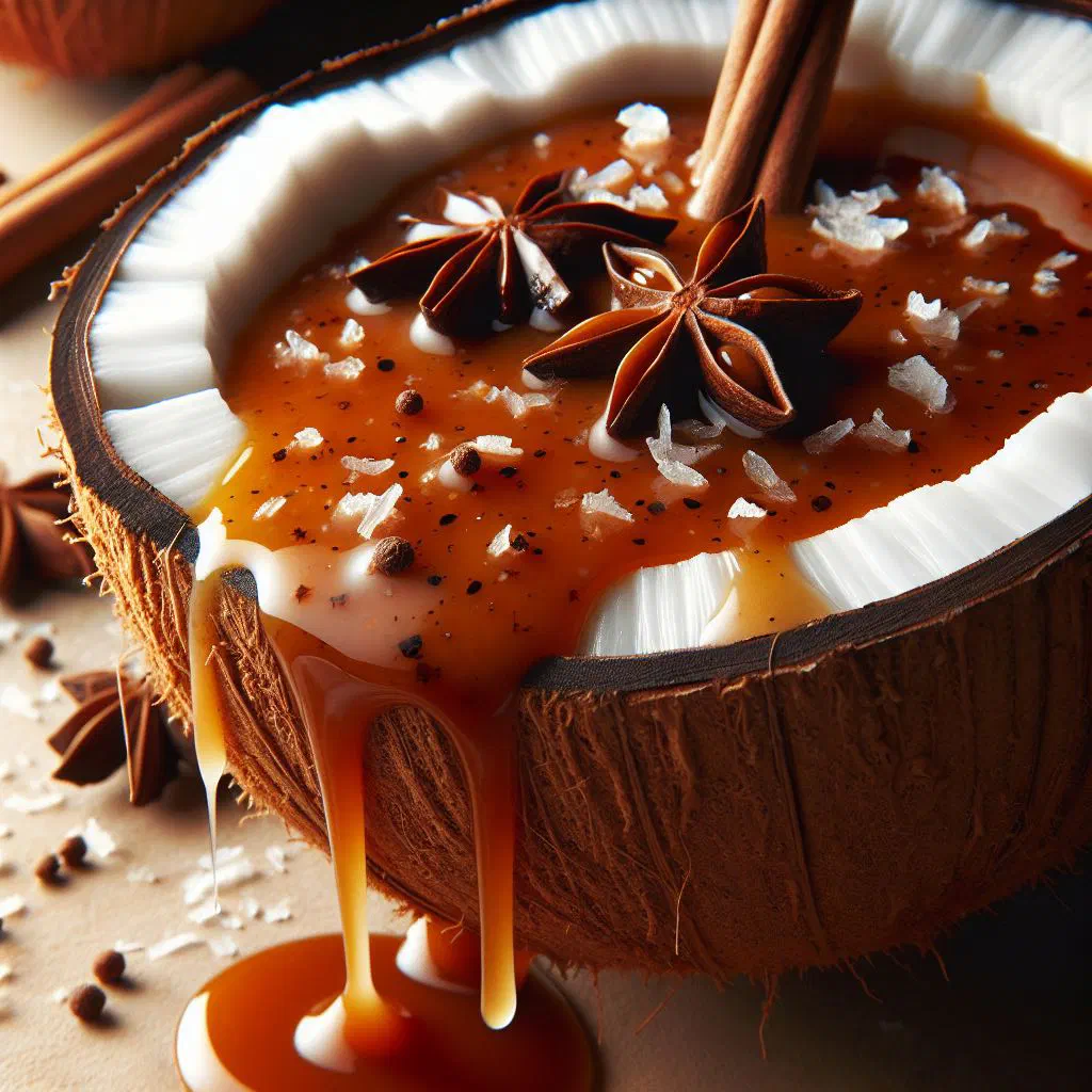 Spiced coconut caramel served warm in a small glass with a sprinkle of cinnamon