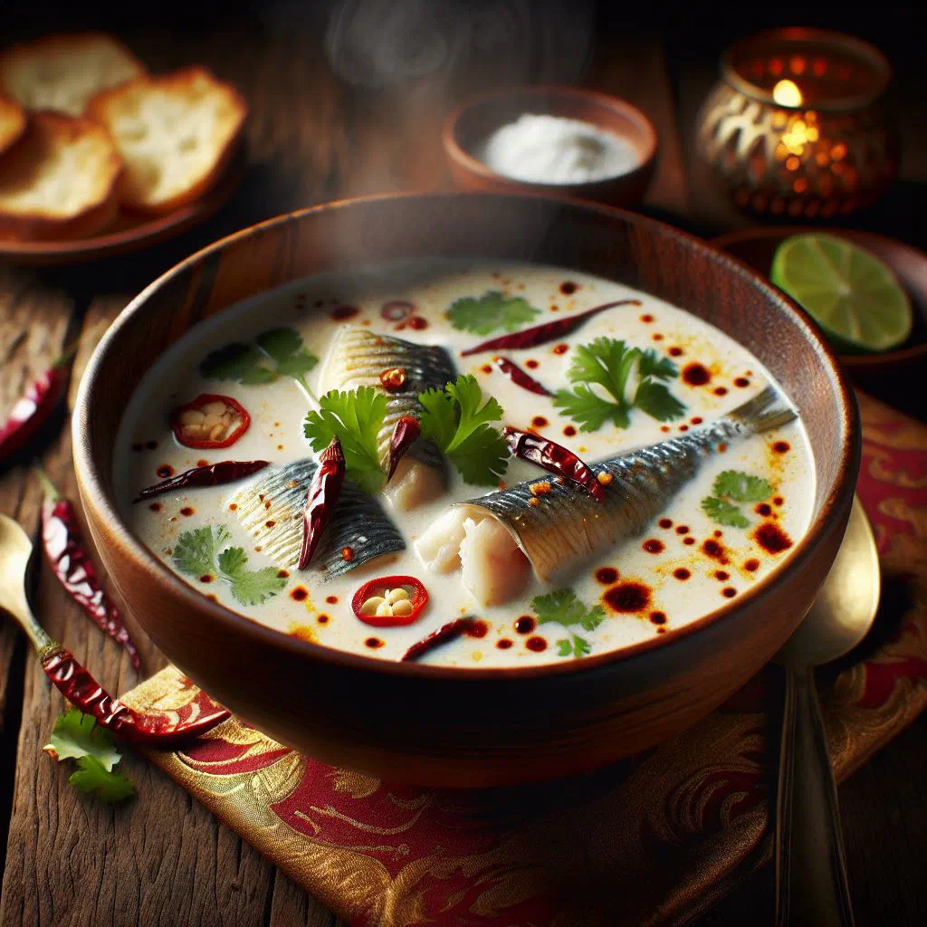 Bowl of spiced coconut fish soup garnished with fresh coriander and lime