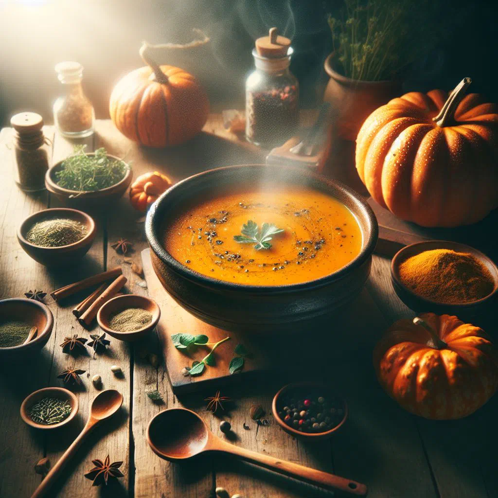 A bowl of creamy spiced pumpkin soup garnished with seeds