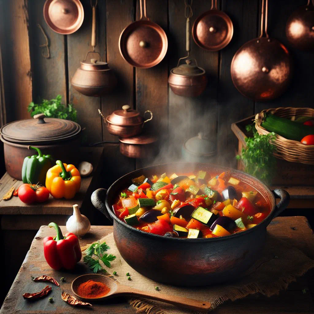 Spiced vegetable stew in coconut milk, garnished with fresh coriander