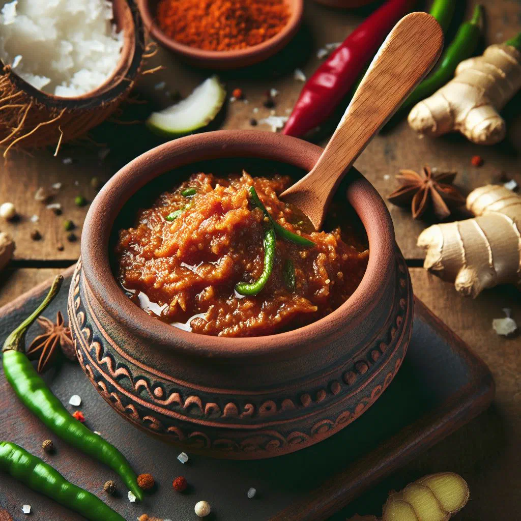 Bowl of fresh spicy coconut chutney garnished with herbs