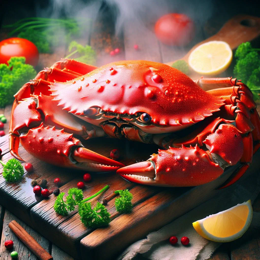 Steamed mud crab glazed with ginger, lime and coriander on a serving plate